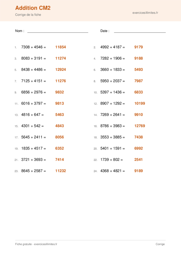 Fiche addition cm2 - Corrige de la fiche