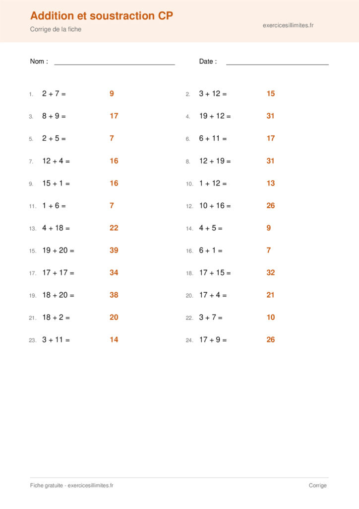 Fiche addition et soustraction cp - Corrige de la fiche
