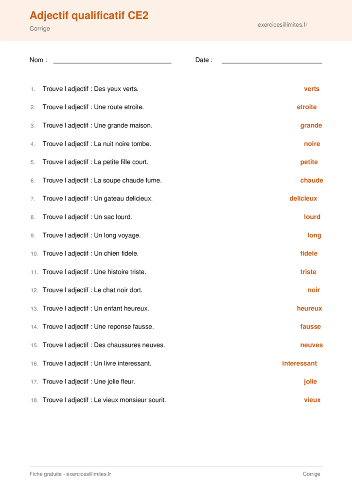 Fiche adjectif qualificatif CE2 a imprimer