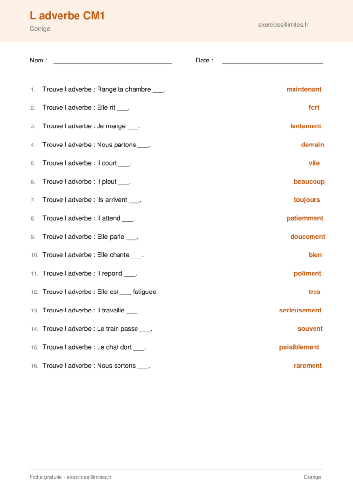 Fiche adverbe CM1 a imprimer