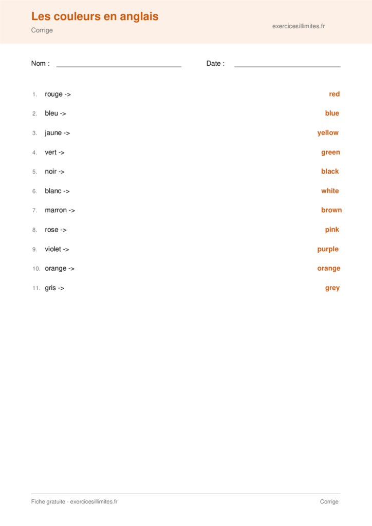 couleur en anglais exercice