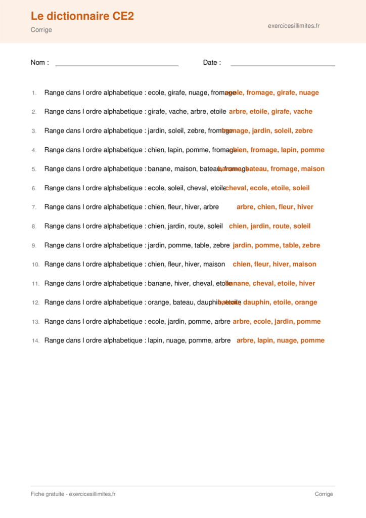 Fiche ordre alphabetique et dictionnaire CE2 a imprimer