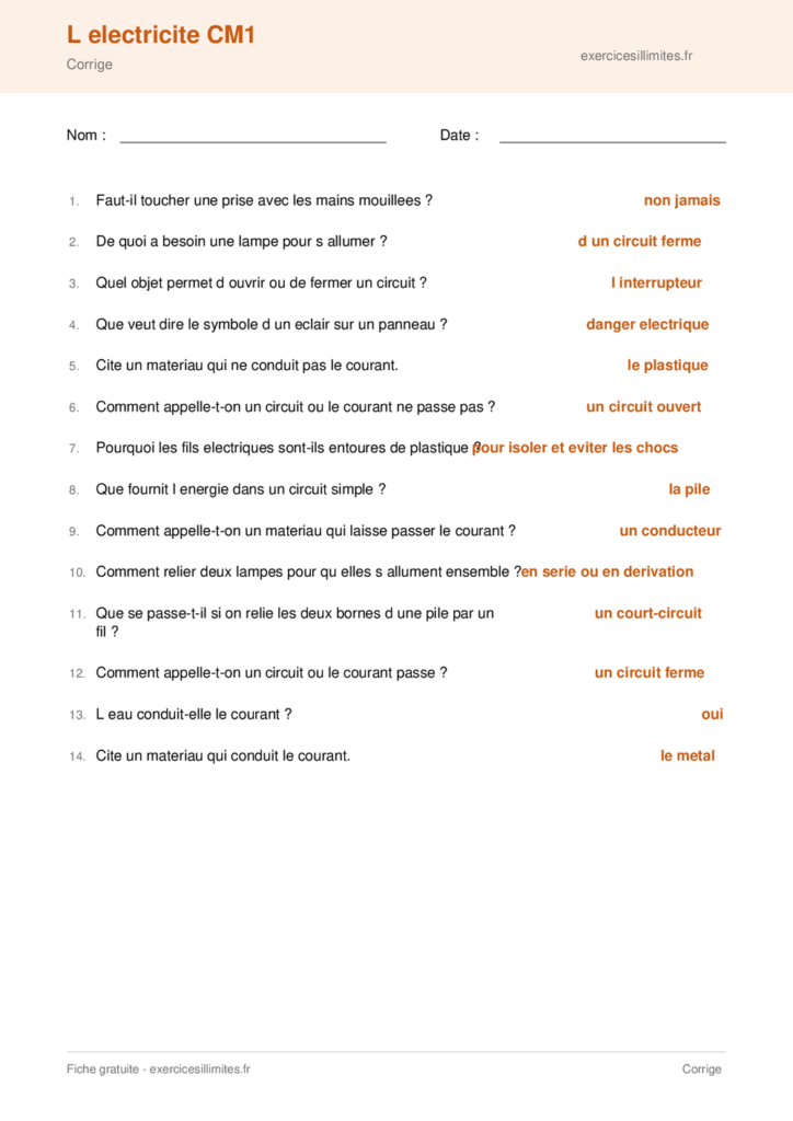 Fiche l electricite cm1 a imprimer