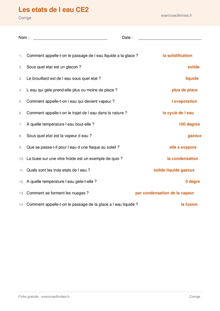 Fiche etats de l eau et cycle de l eau CE2 a imprimer