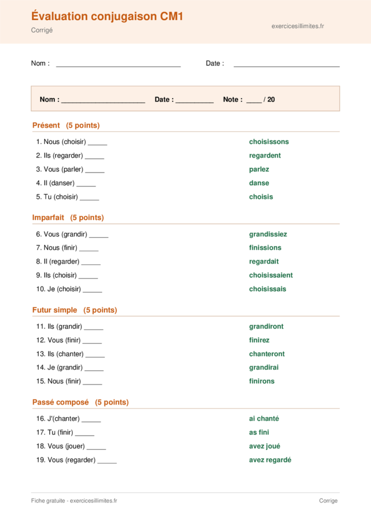 Corrige évaluation conjugaison cm1