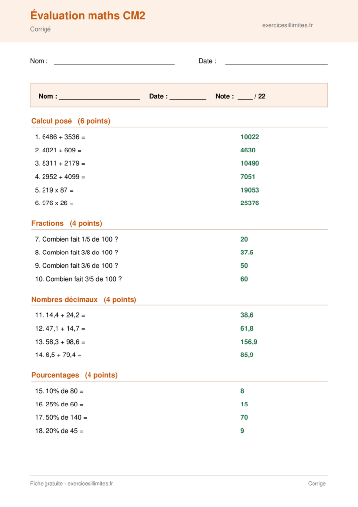 Corrige évaluation maths cm2