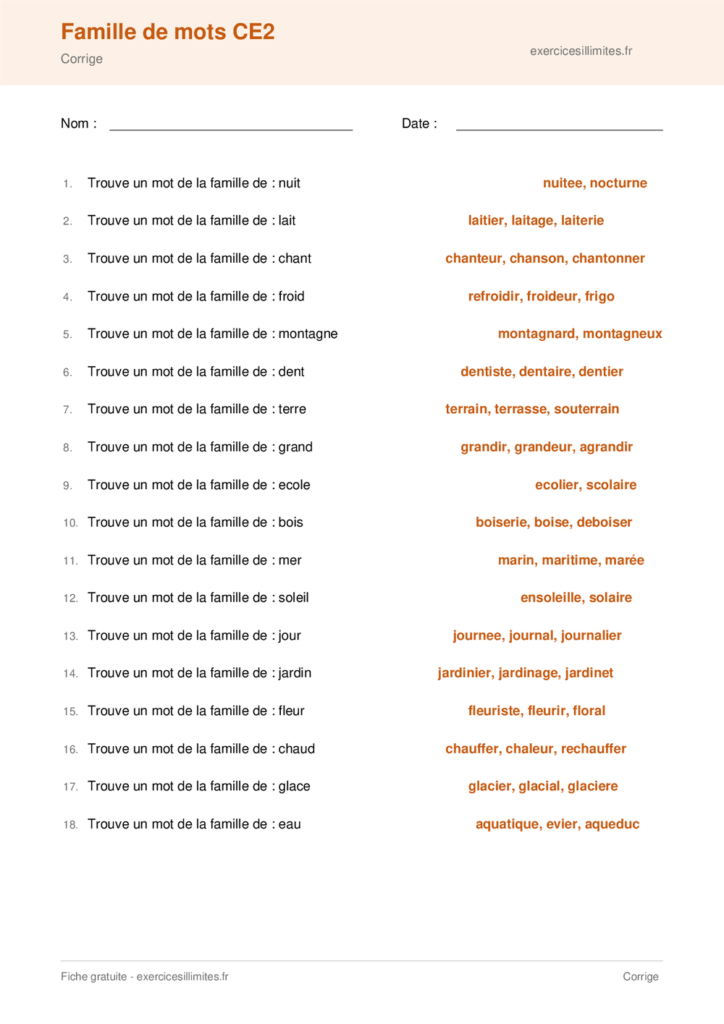 Fiche famille de mots CE2 a imprimer