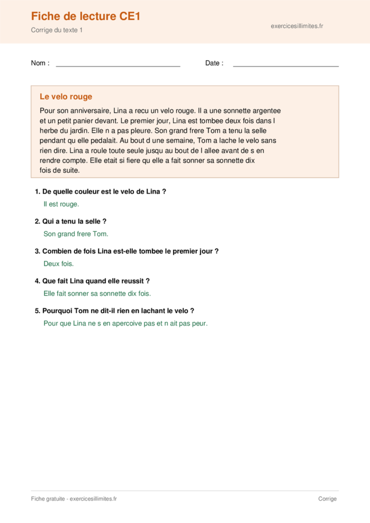 Corrige fiche de lecture CE1