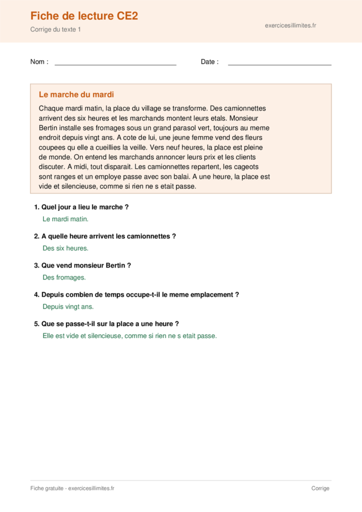 Corrige fiche de lecture CE2