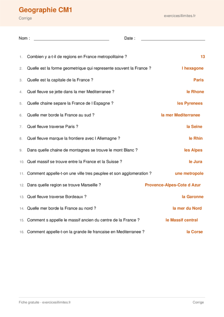 Fiche geographie CM1 fleuves et montagnes a imprimer