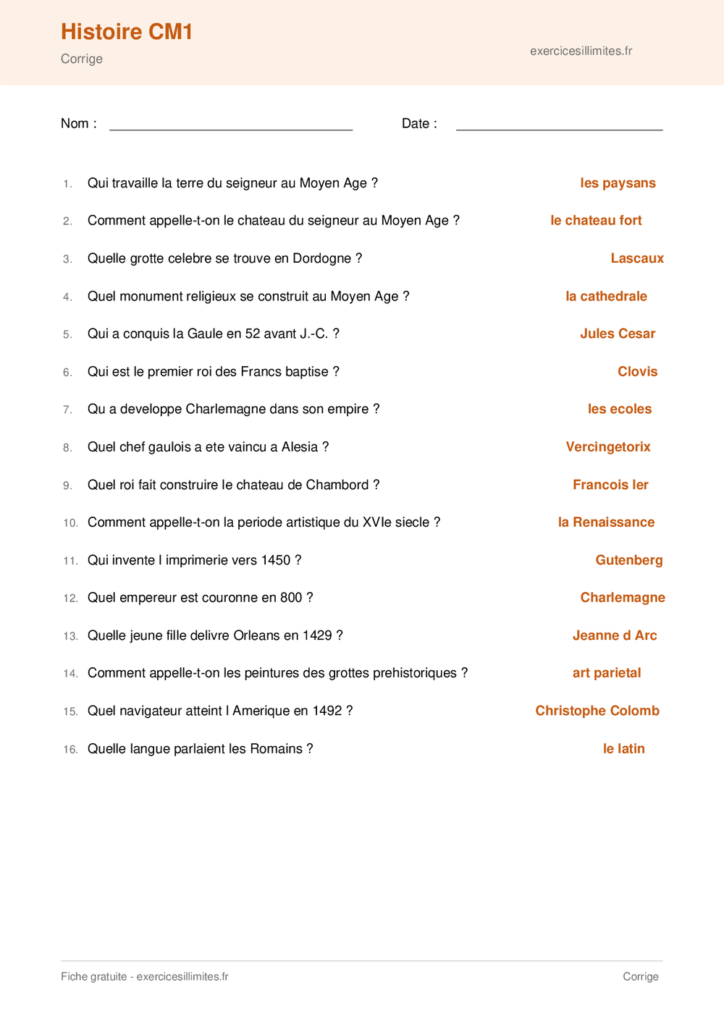 Fiche exercice histoire CM1 a imprimer