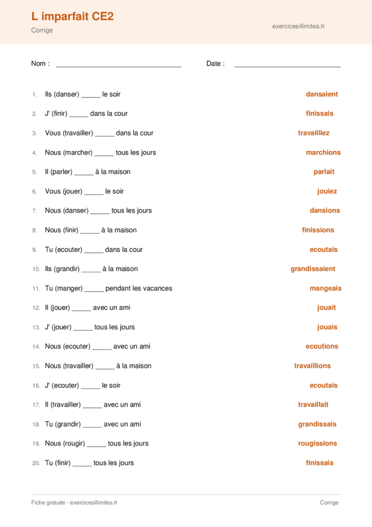 Fiche conjugaison imparfait CE2 a imprimer