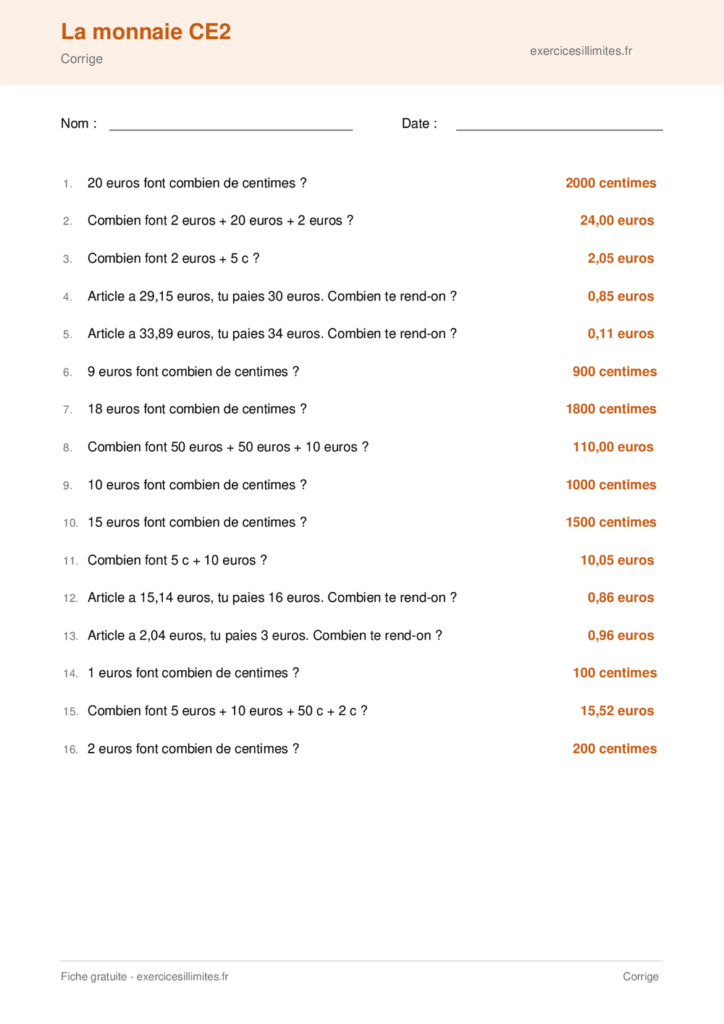 Fiche exercice monnaie CE2 a imprimer