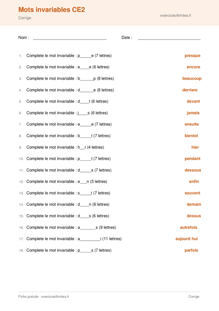 Fiche mots invariables CE2 a imprimer
