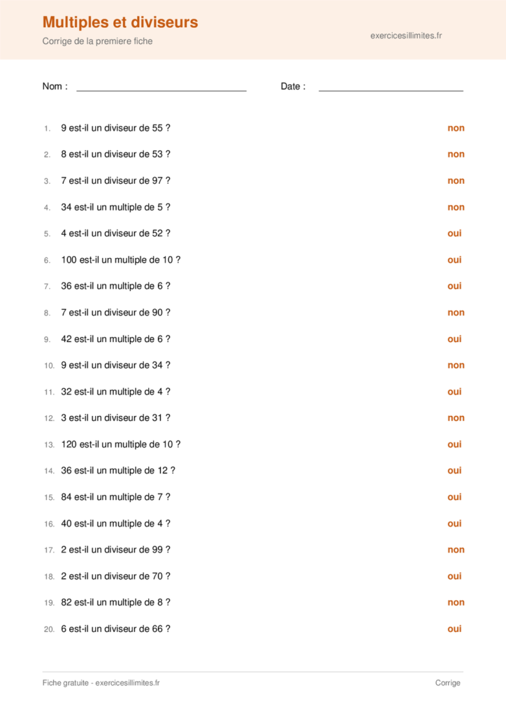 Fiche multiples et diviseurs - Corrige de la premiere fiche