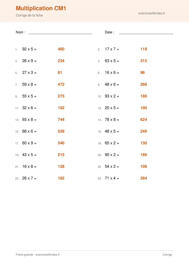 Fiche multiplication cm1 - Corrige de la fiche