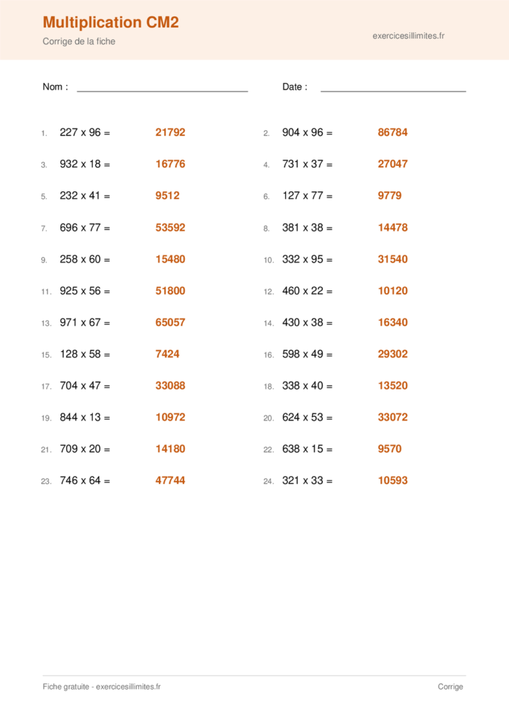Fiche multiplication cm2 - Corrige de la fiche