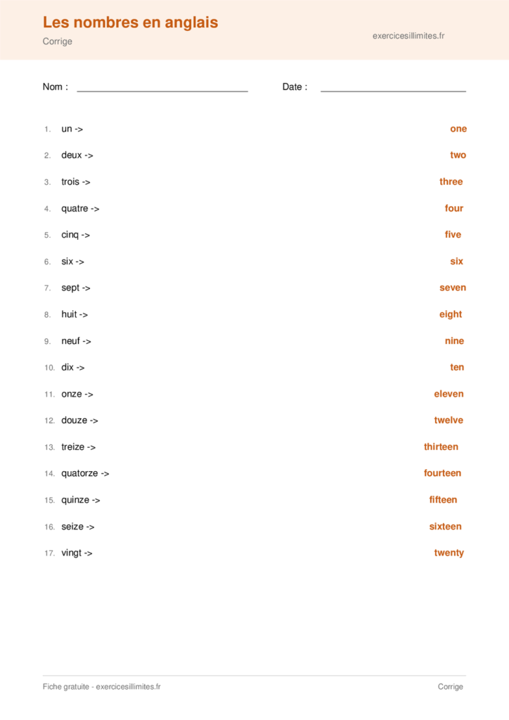 Corrigé nombres en anglais CP