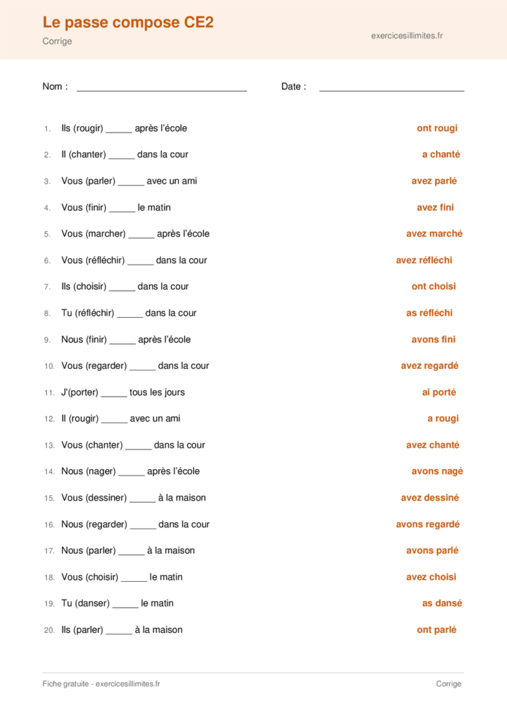 le passé composé ce2 exercices pdf