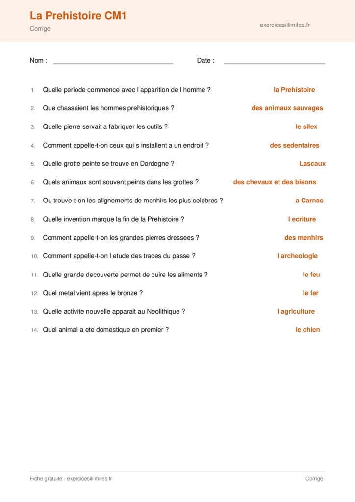 Fiche la prehistoire cm1 a imprimer