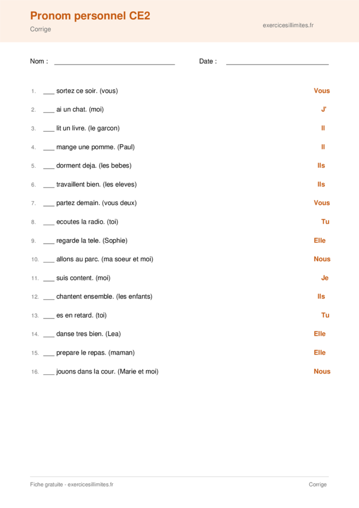 Fiche pronom personnel CE2 a imprimer