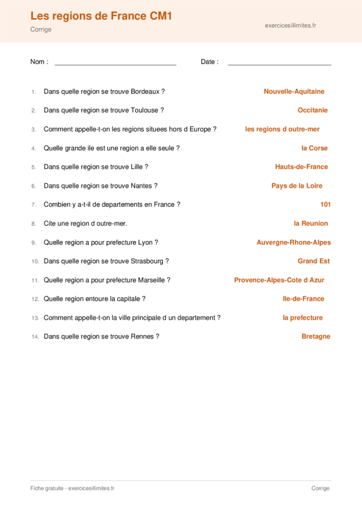 Fiche les regions de france cm1 a imprimer