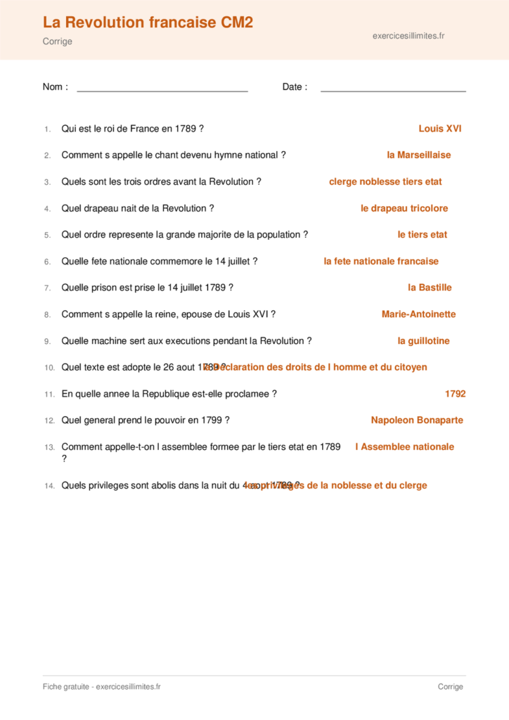 Fiche la revolution francaise cm2 a imprimer