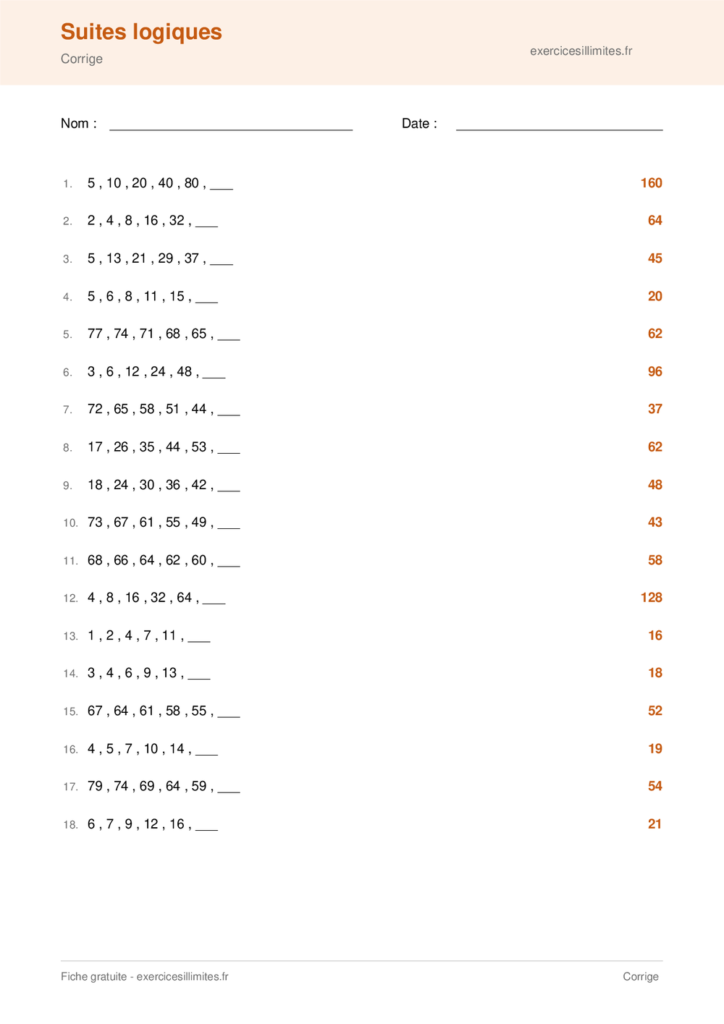 Fiche exercice suite logique a imprimer