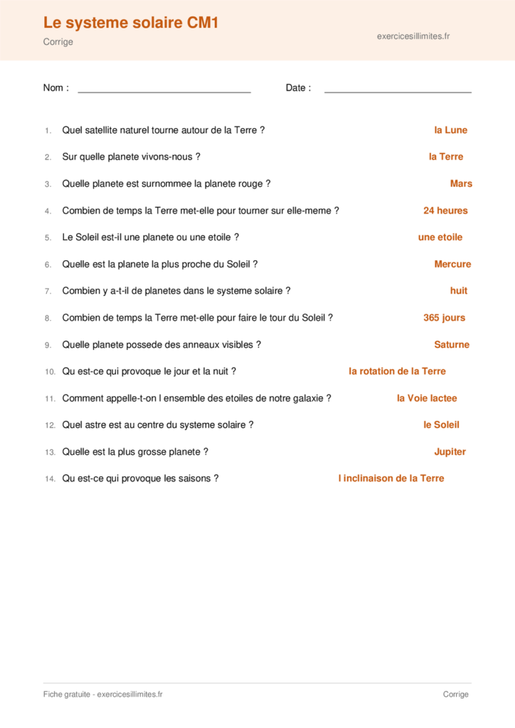Fiche le systeme solaire cm1 a imprimer
