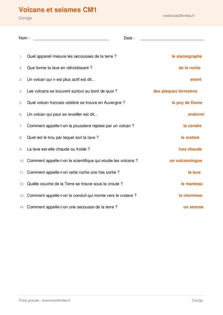 Fiche volcans et seismes cm1 a imprimer