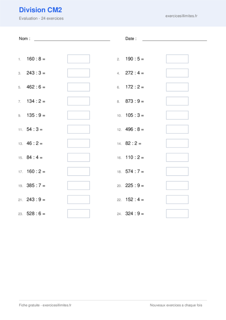 Fiche division cm2 - Evaluation - 24 exercices