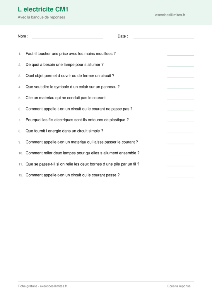 Fiche l electricite cm1 a imprimer