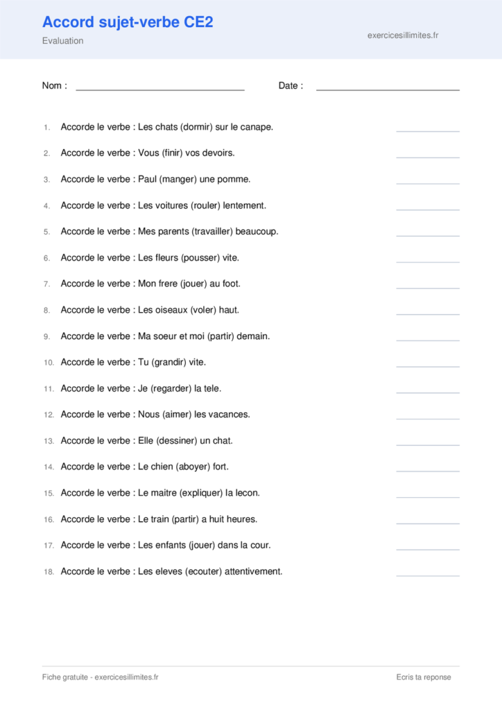 Fiche accord sujet verbe CE2 a imprimer