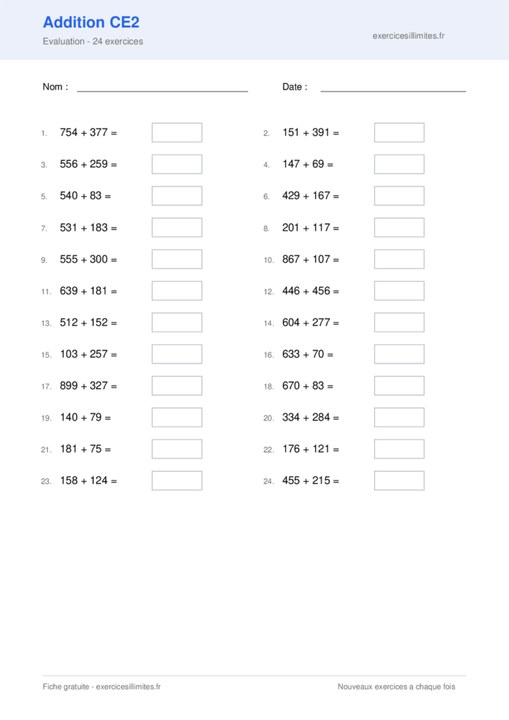 Fiche addition ce2 - Evaluation - 24 exercices