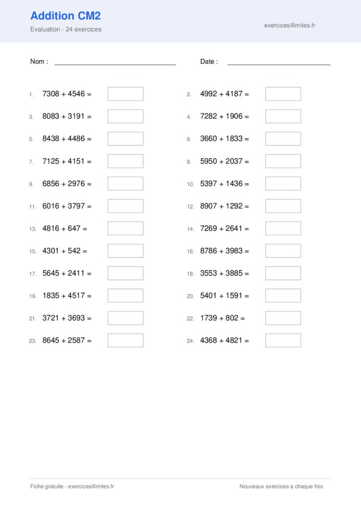Fiche addition cm2 - Evaluation - 24 exercices