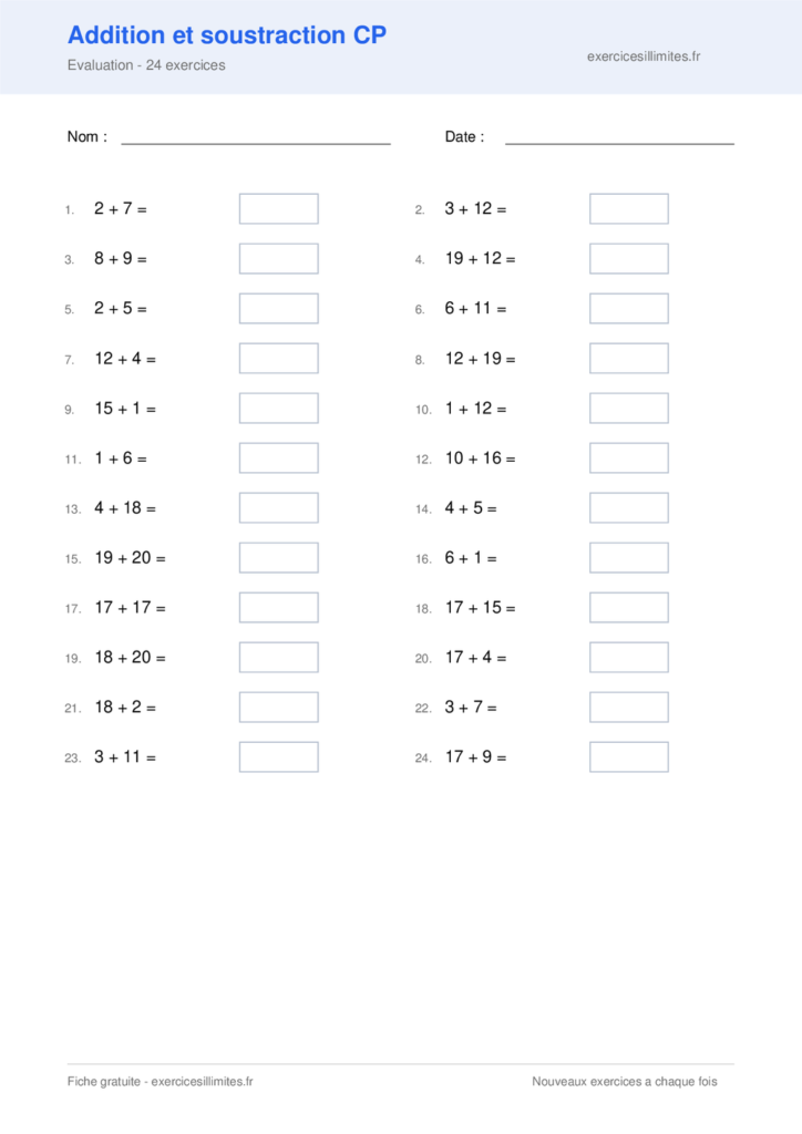 Fiche addition et soustraction cp - Evaluation - 24 exercices