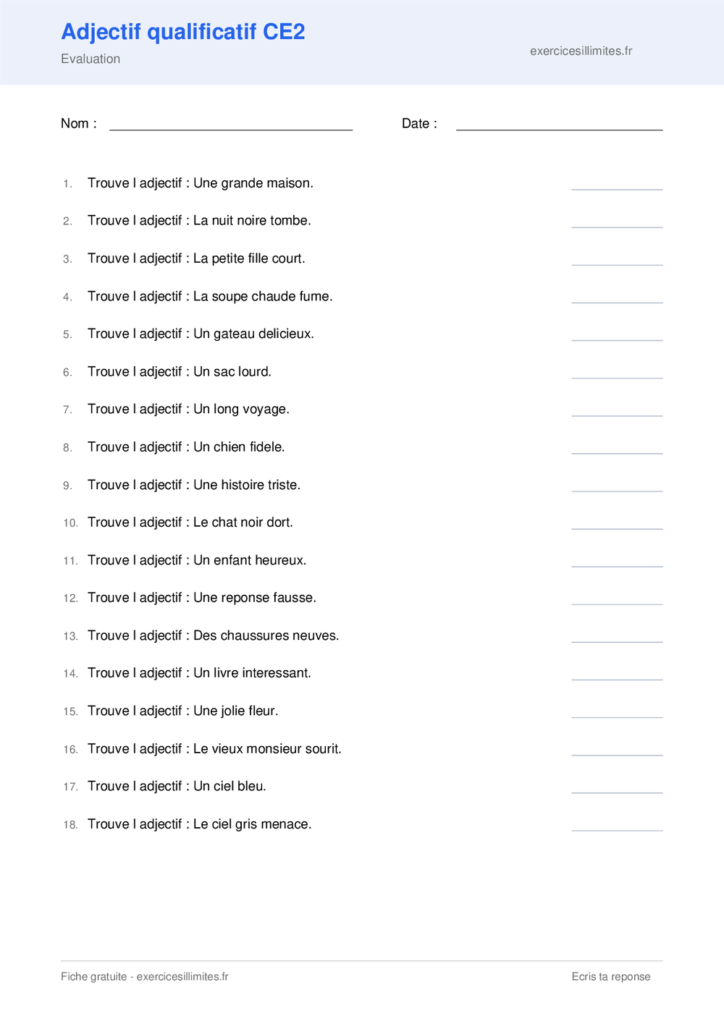 Fiche adjectif qualificatif CE2 a imprimer