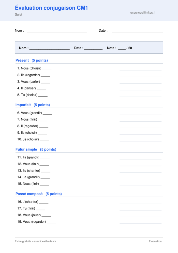 Fiche évaluation conjugaison cm1 a imprimer