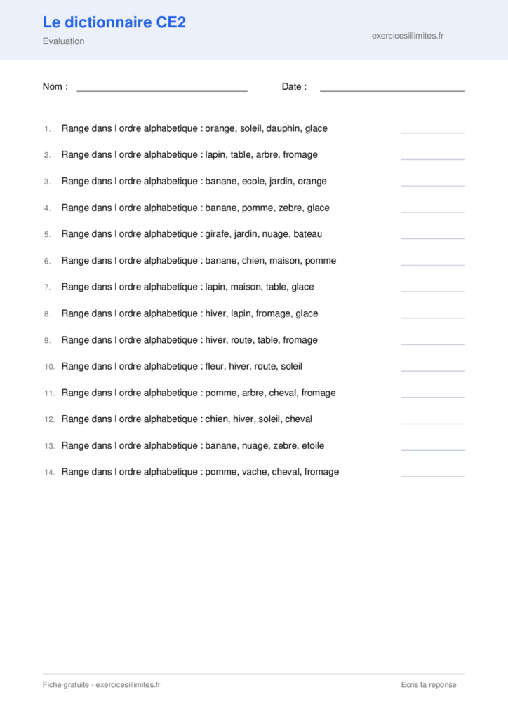 Fiche ordre alphabetique et dictionnaire CE2 a imprimer