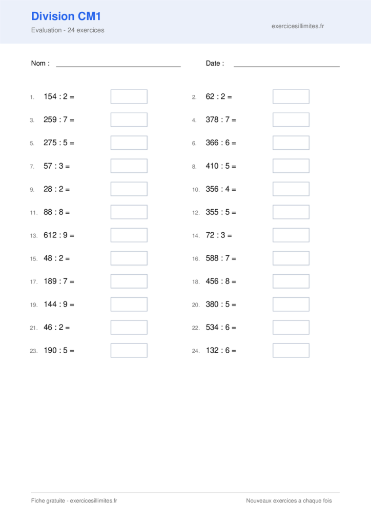 Fiche division cm1 - Evaluation - 24 exercices