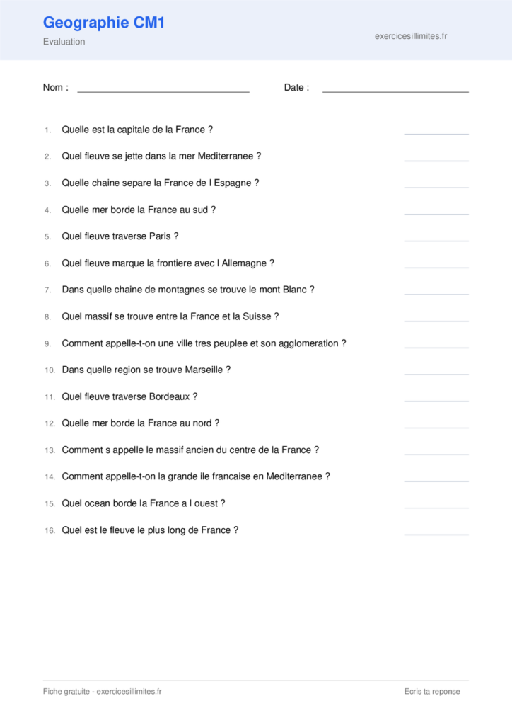 Fiche geographie CM1 fleuves et montagnes a imprimer