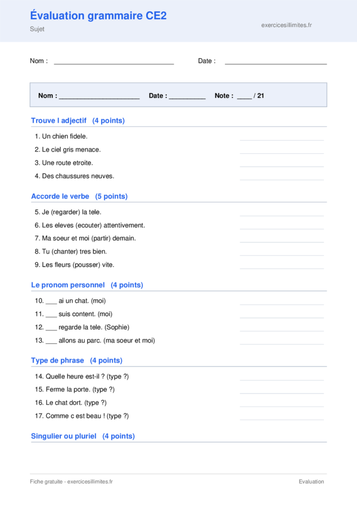 Fiche évaluation grammaire ce2 a imprimer
