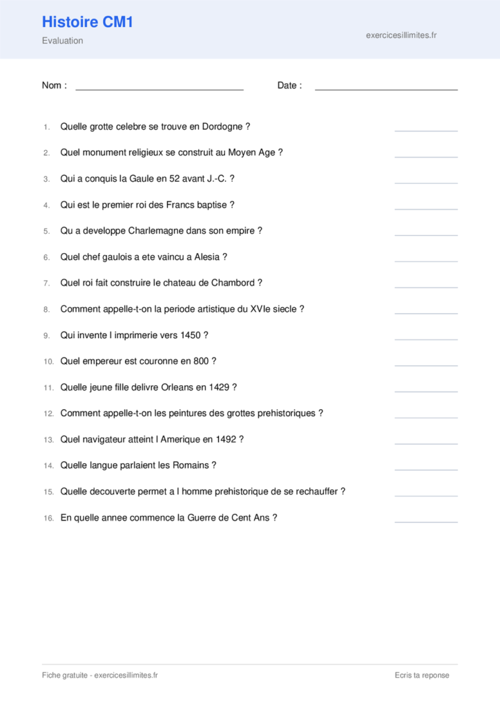 Fiche exercice histoire CM1 a imprimer