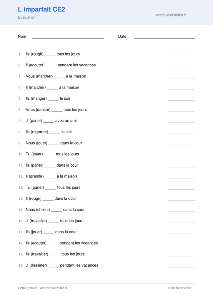Fiche conjugaison imparfait CE2 a imprimer