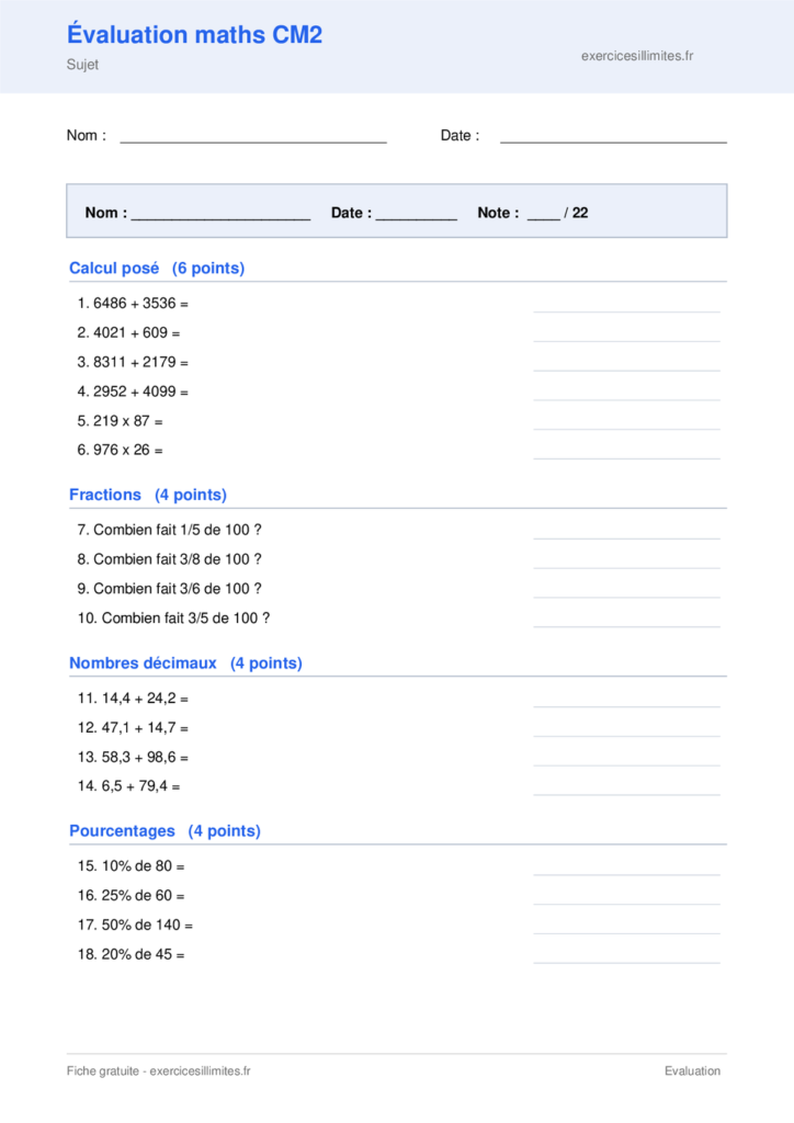 Fiche évaluation maths cm2 a imprimer