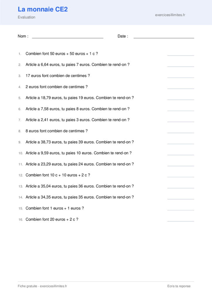Fiche exercice monnaie CE2 a imprimer