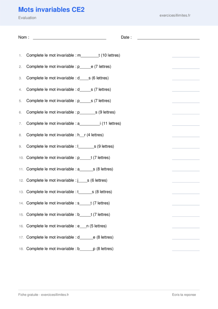 Fiche mots invariables CE2 a imprimer