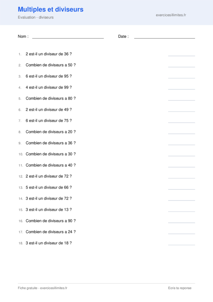 Fiche multiples et diviseurs - Evaluation - diviseurs