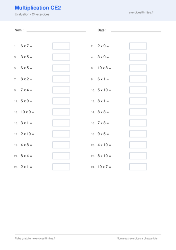 Fiche multiplication ce2 - Evaluation - 24 exercices