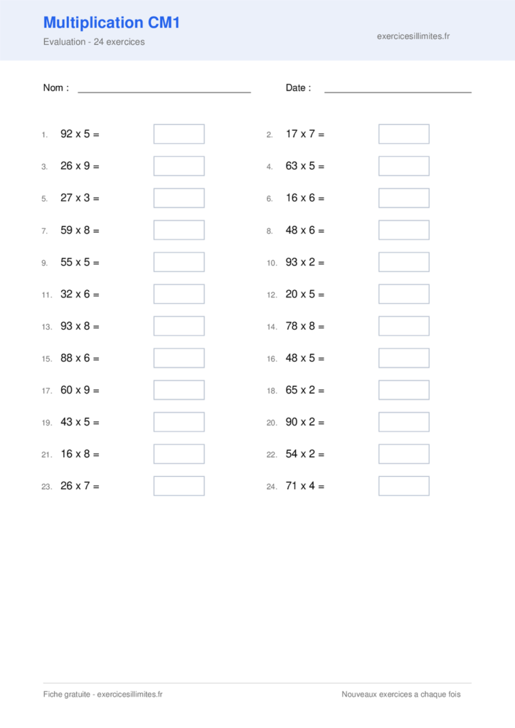 Fiche multiplication cm1 - Evaluation - 24 exercices